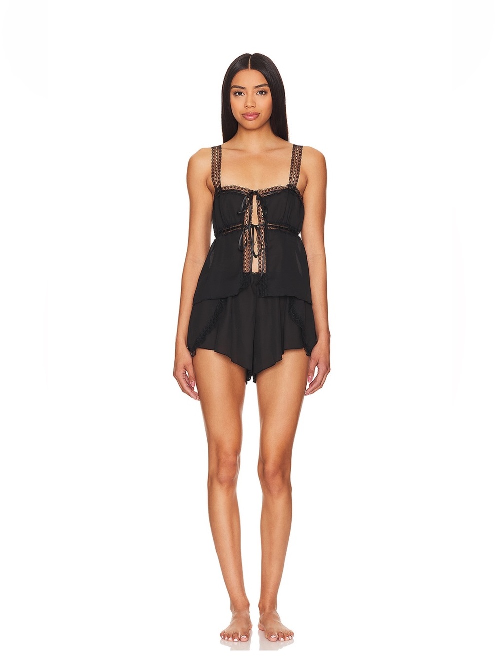 Kat the Label Hansel Lace-Trim Black Chemise & Shorts Set - Women Intimates